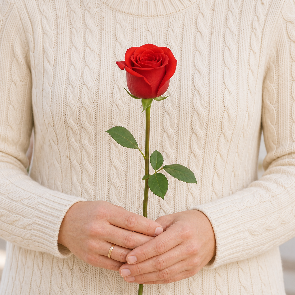 Person holding the 1 ROSE bouquet outdoors, torso only without face