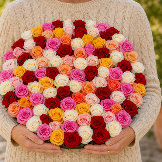 Person holding the 101 ROSES bouquet outdoors, torso only without face