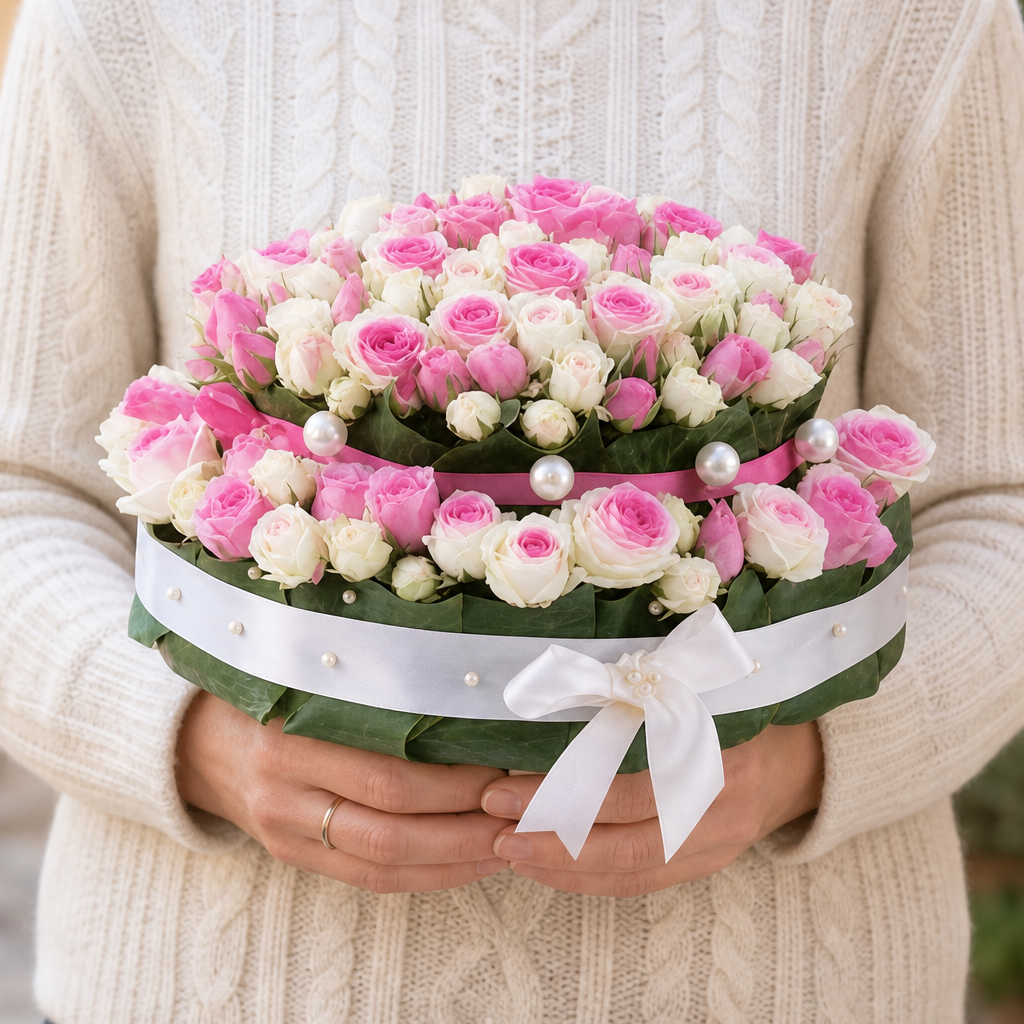Person holding the 108 ROSES bouquet outdoors, torso only without face