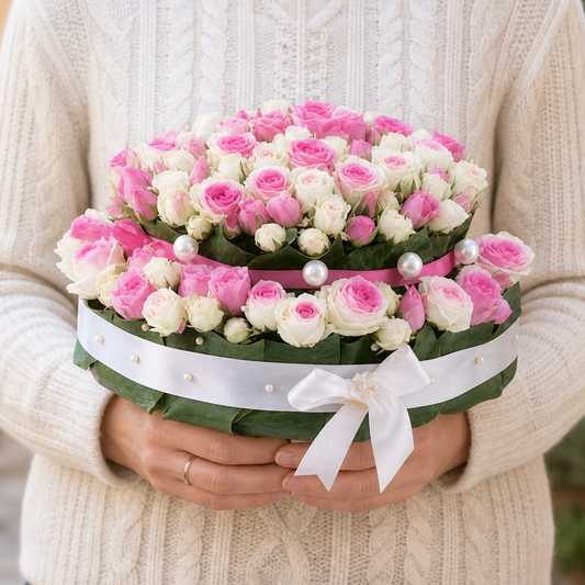 Person holding the 108 ROSES bouquet outdoors, torso only without face