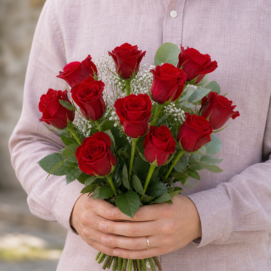 Person holding the 11 ROSES bouquet outdoors, torso only without face