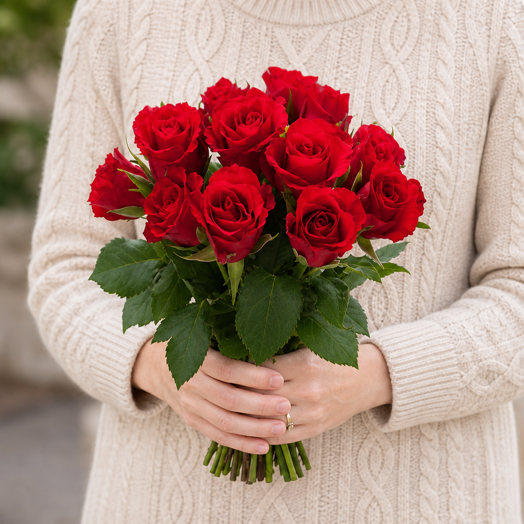 Person holding the 13 ROSES bouquet outdoors, torso only without face