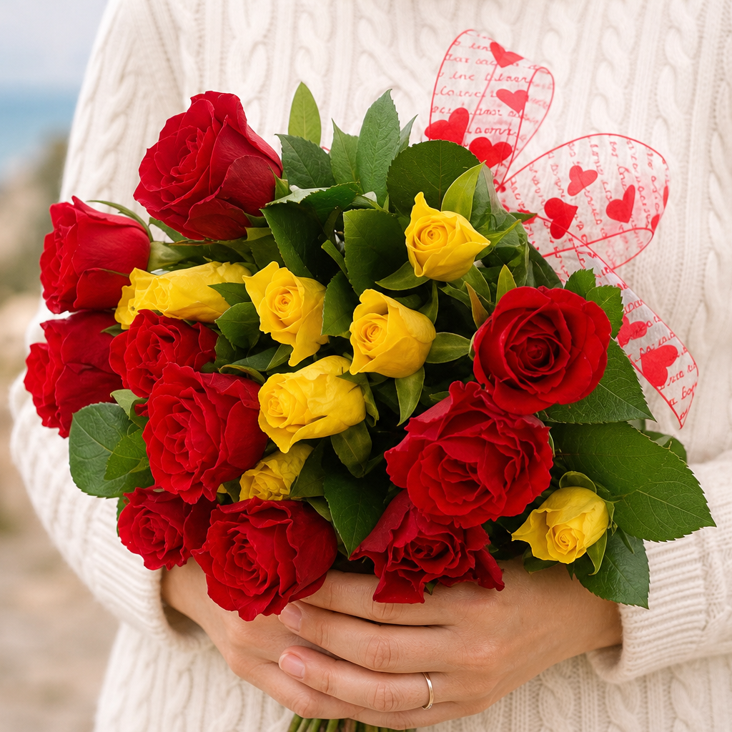 Person holding the 15 ROSES bouquet outdoors, torso only without face