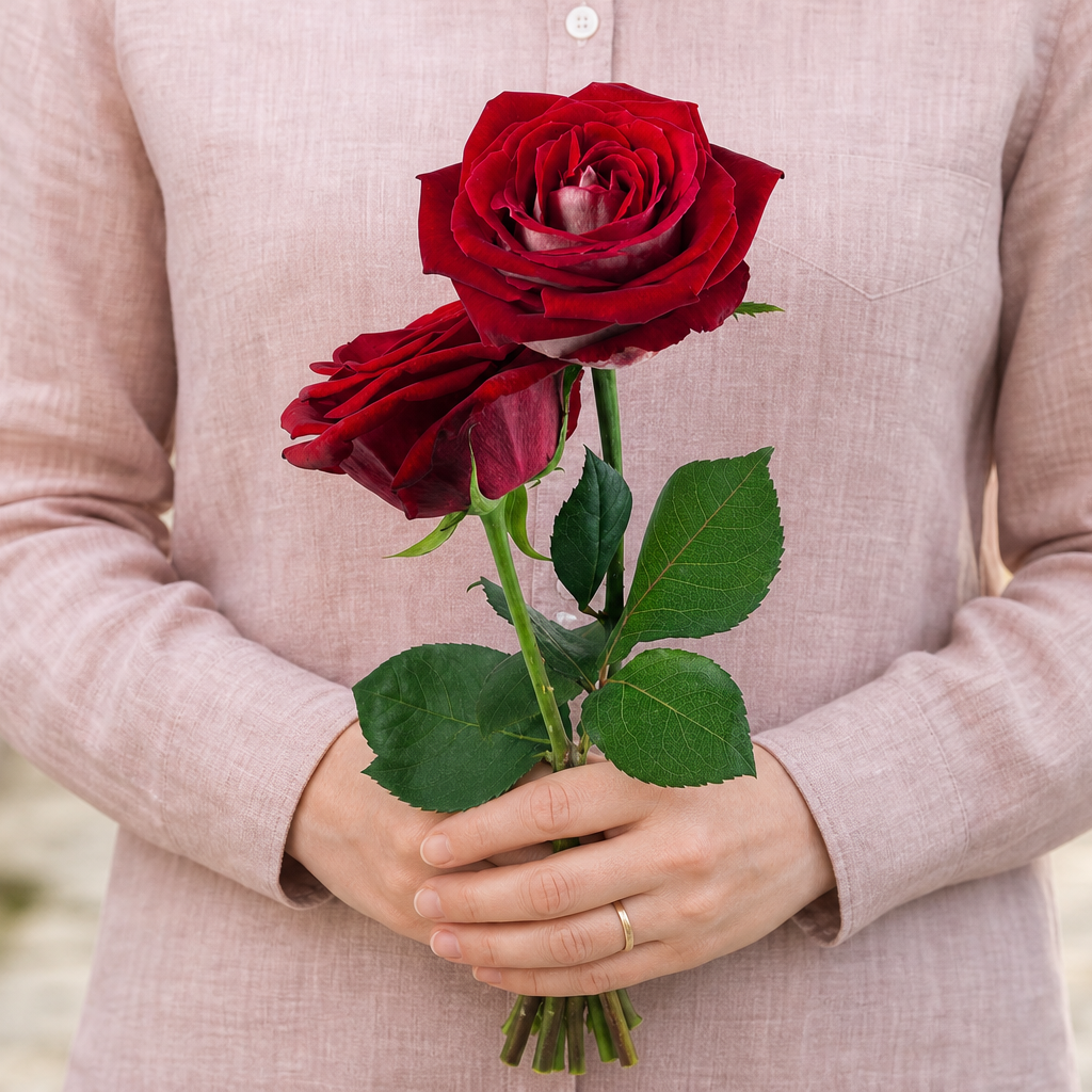 Person holding the 2 ROSES bouquet outdoors, torso only without face