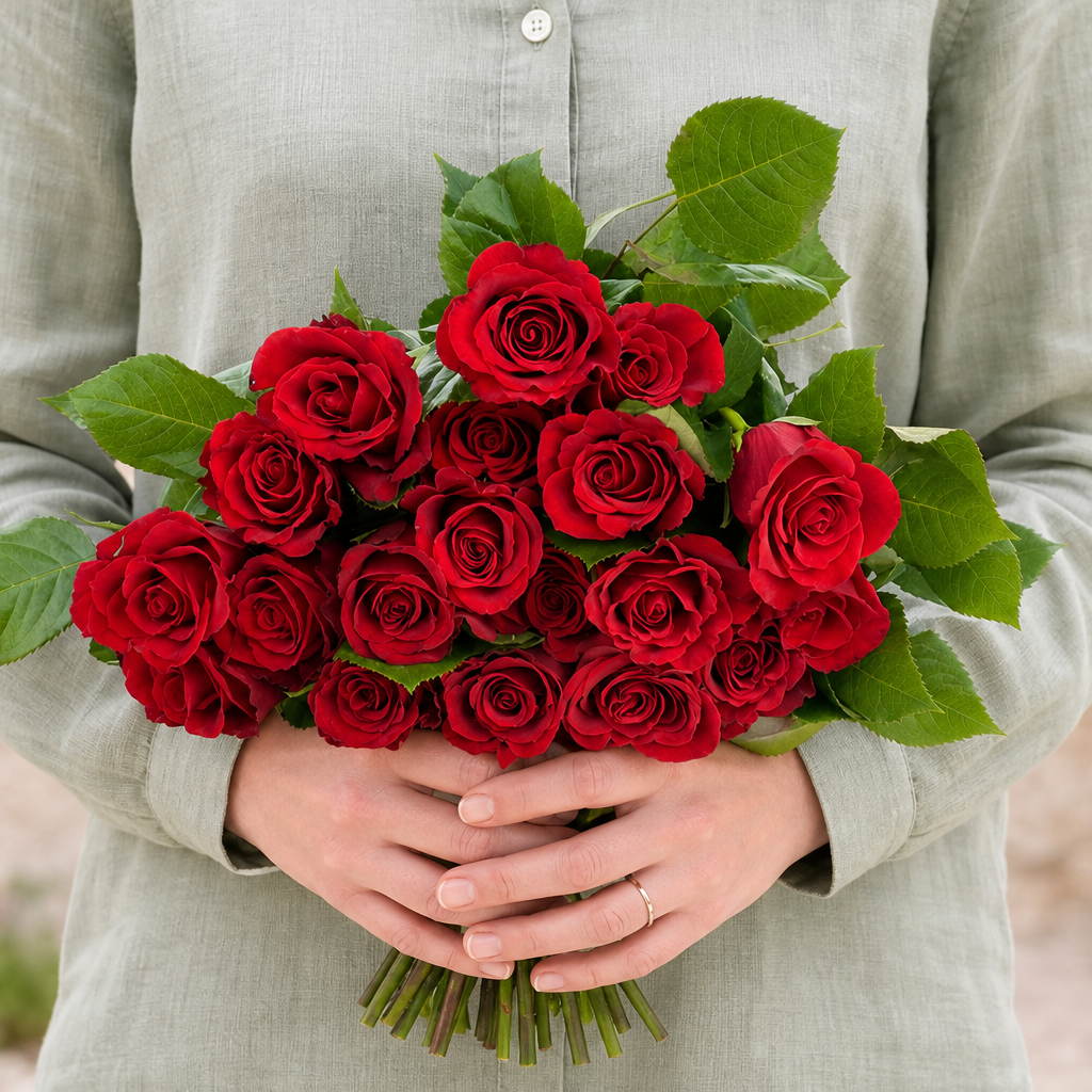 Person holding the 20 ROSES bouquet outdoors, torso only without face