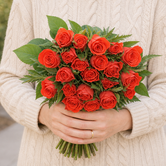 Person holding the 21 ROSES bouquet outdoors, torso only without face