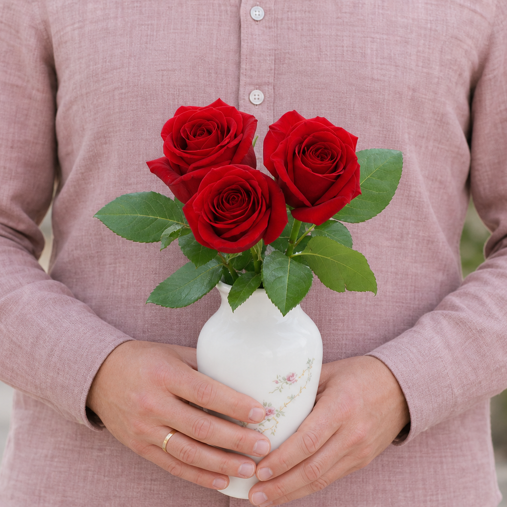 Person holding the 3 ROSES bouquet outdoors, torso only without face