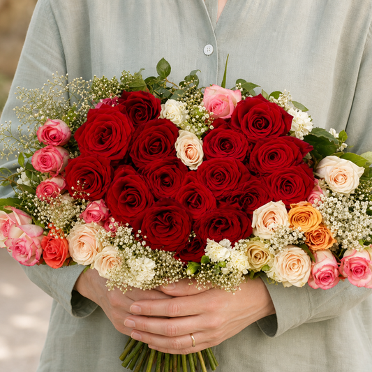 Person holding the 33 ROSES bouquet outdoors, torso only without face