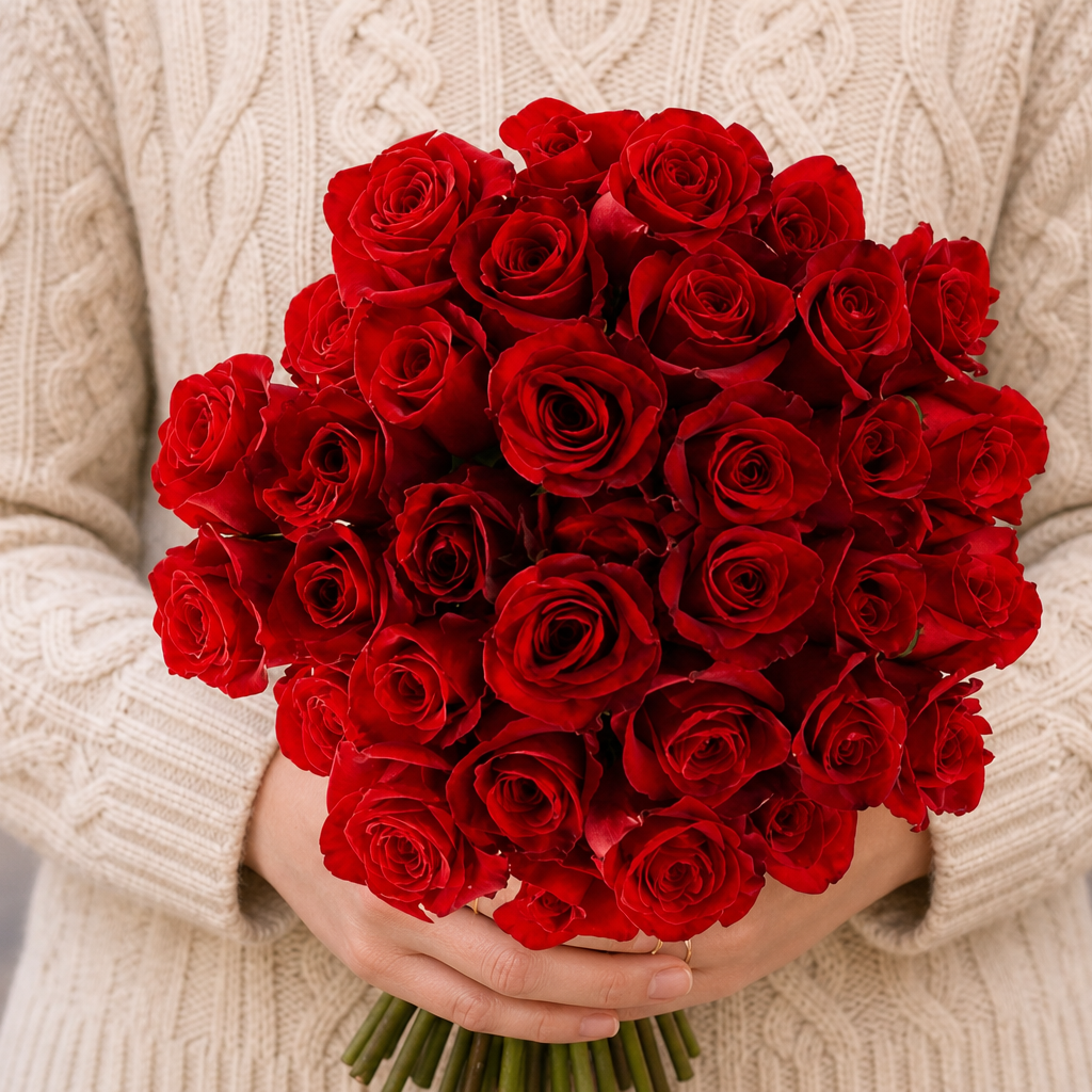 Person holding the 36 ROSES bouquet outdoors, torso only without face