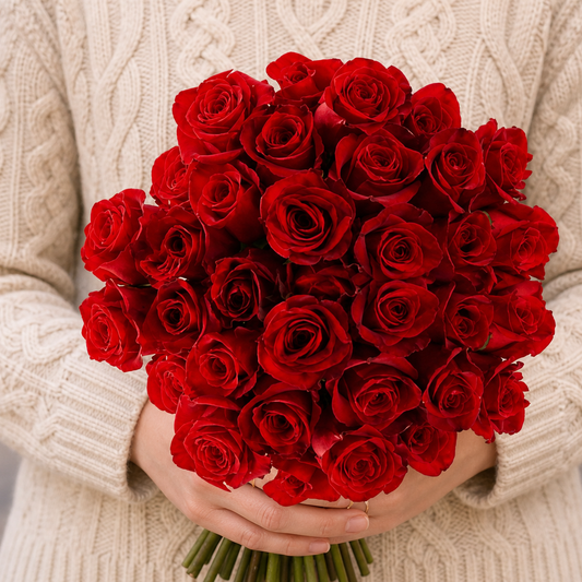 Person holding the 36 ROSES bouquet outdoors, torso only without face