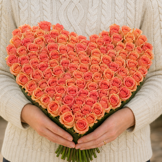 Person holding the 365 ROSES roses outdoors, torso only without face