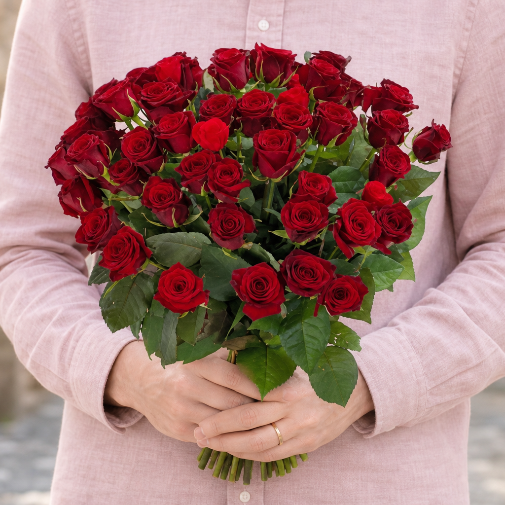 Person holding the 40 ROSES bouquet outdoors, torso only without face