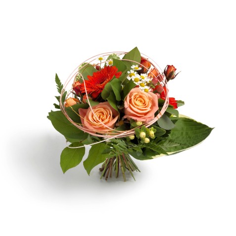 Bouquet of flowers with red and peach roses on a white background