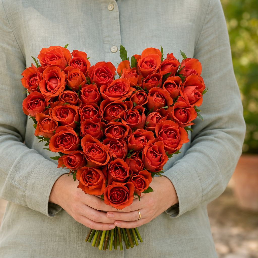 Person holding the 50 ROSES bouquet outdoors, torso only without face