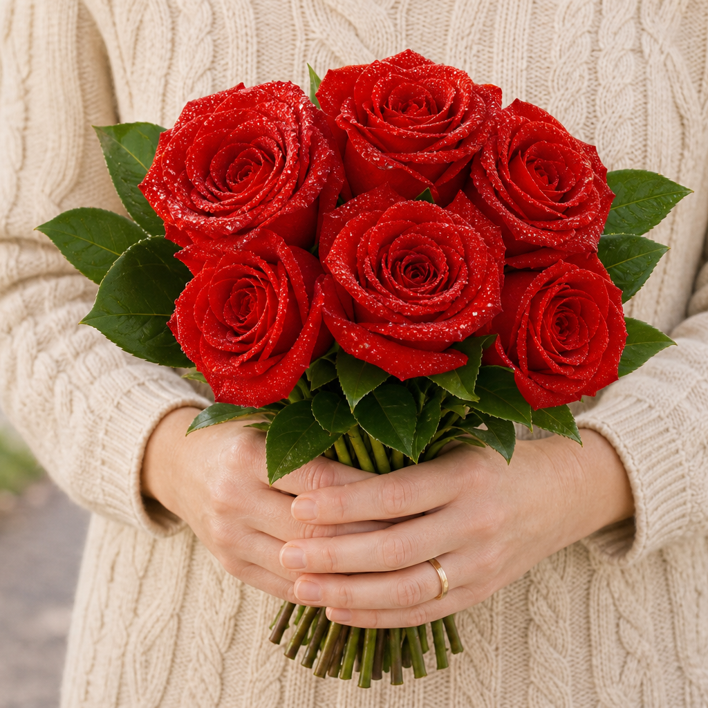 Person holding the 6 ROSES bouquet outdoors, torso only without face