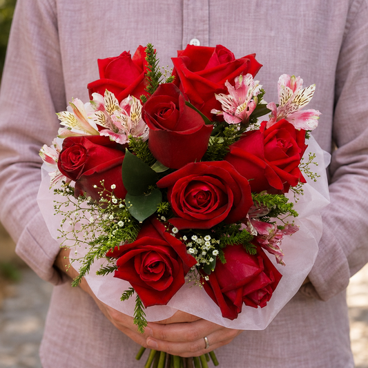 Person holding the 9 ROSES bouquet outdoors, torso only without face