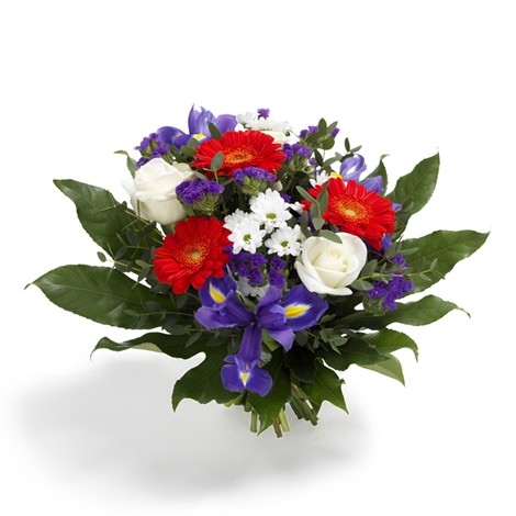Bouquet of colorful flowers including red gerberas, white roses, and purple irises on a white background