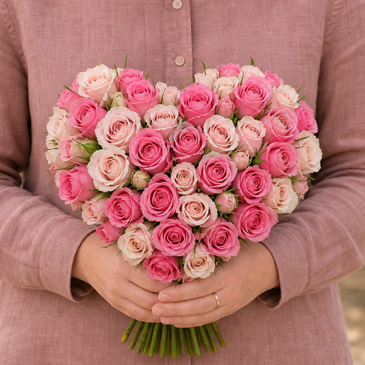 Person holding the 99 ROSES roses outdoors, torso only without face