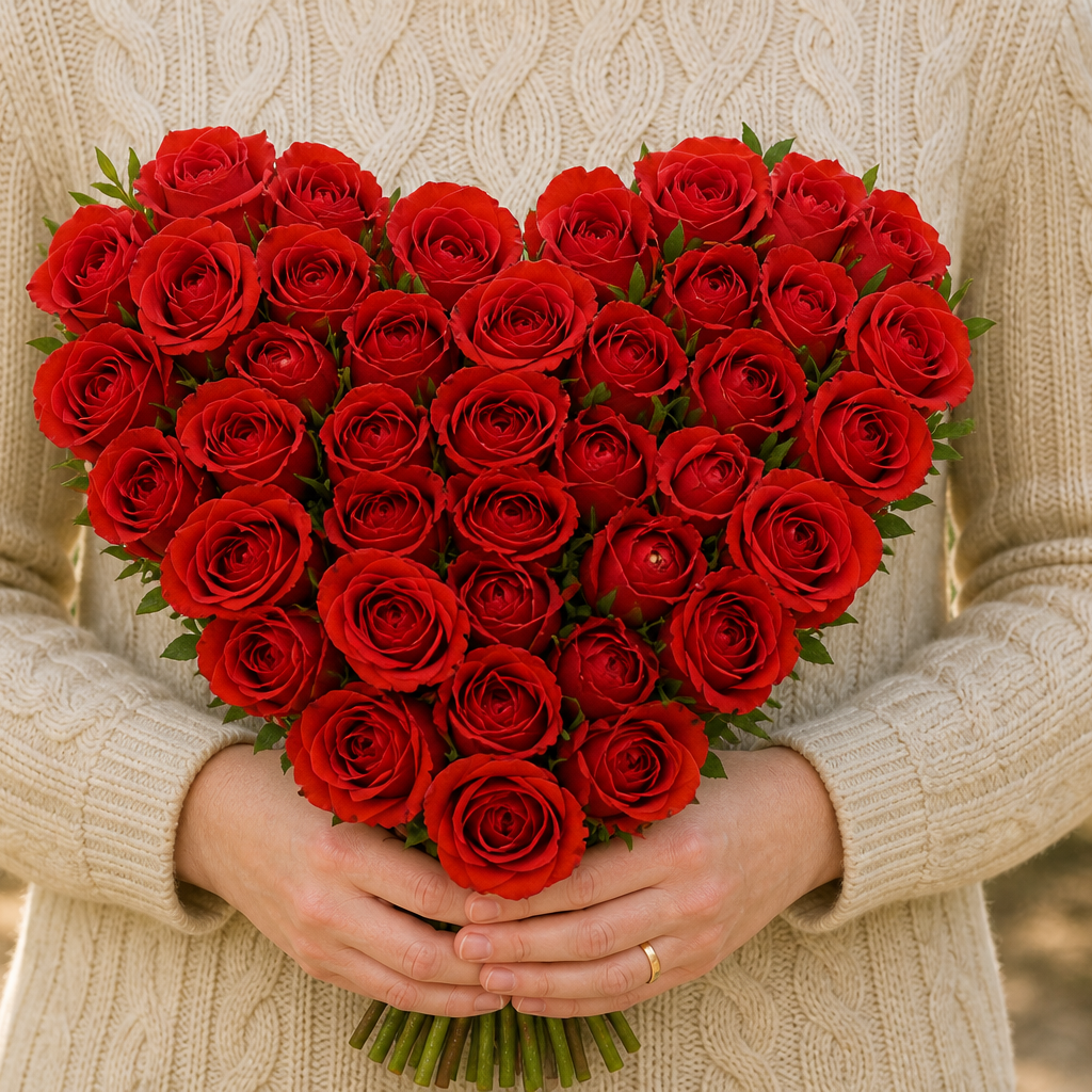 Person holding the 999 ROSES roses outdoors, torso only without face