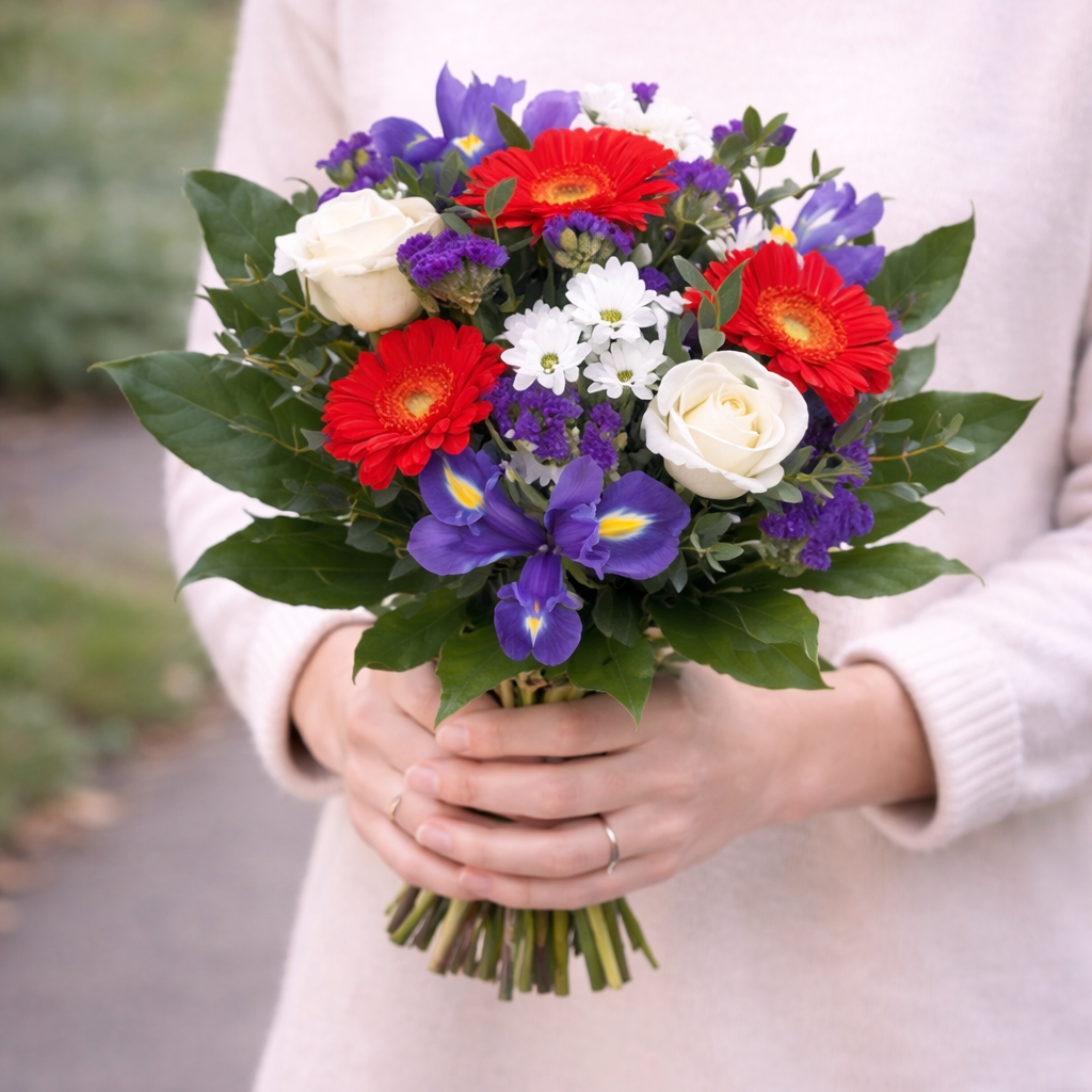 Person holding a colorful bouquet of flowers outdoors