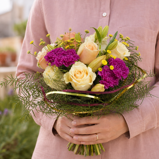 Person holding the AZURE bouquet outdoors, torso only without face