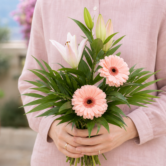 Person holding the BASIC bouquet outdoors, torso only without face