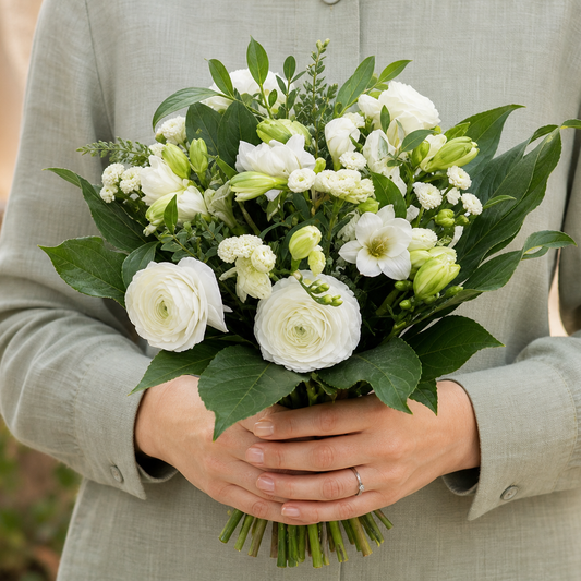 Person holding the BELLE bouquet outdoors, torso only without face