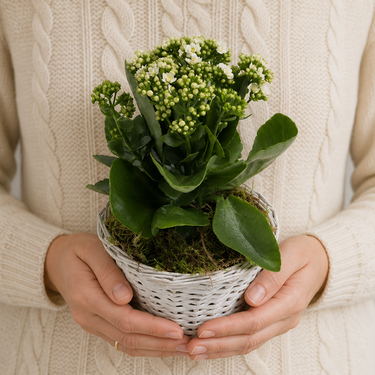 Person holding the BLUSH potted plant outdoors, torso only without face