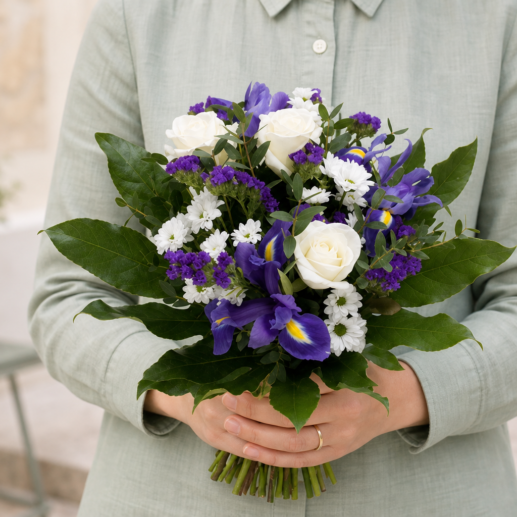 Person holding the BOUQUET bouquet outdoors, torso only without face