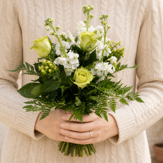 Person holding the BREATHE bouquet outdoors, torso only without face