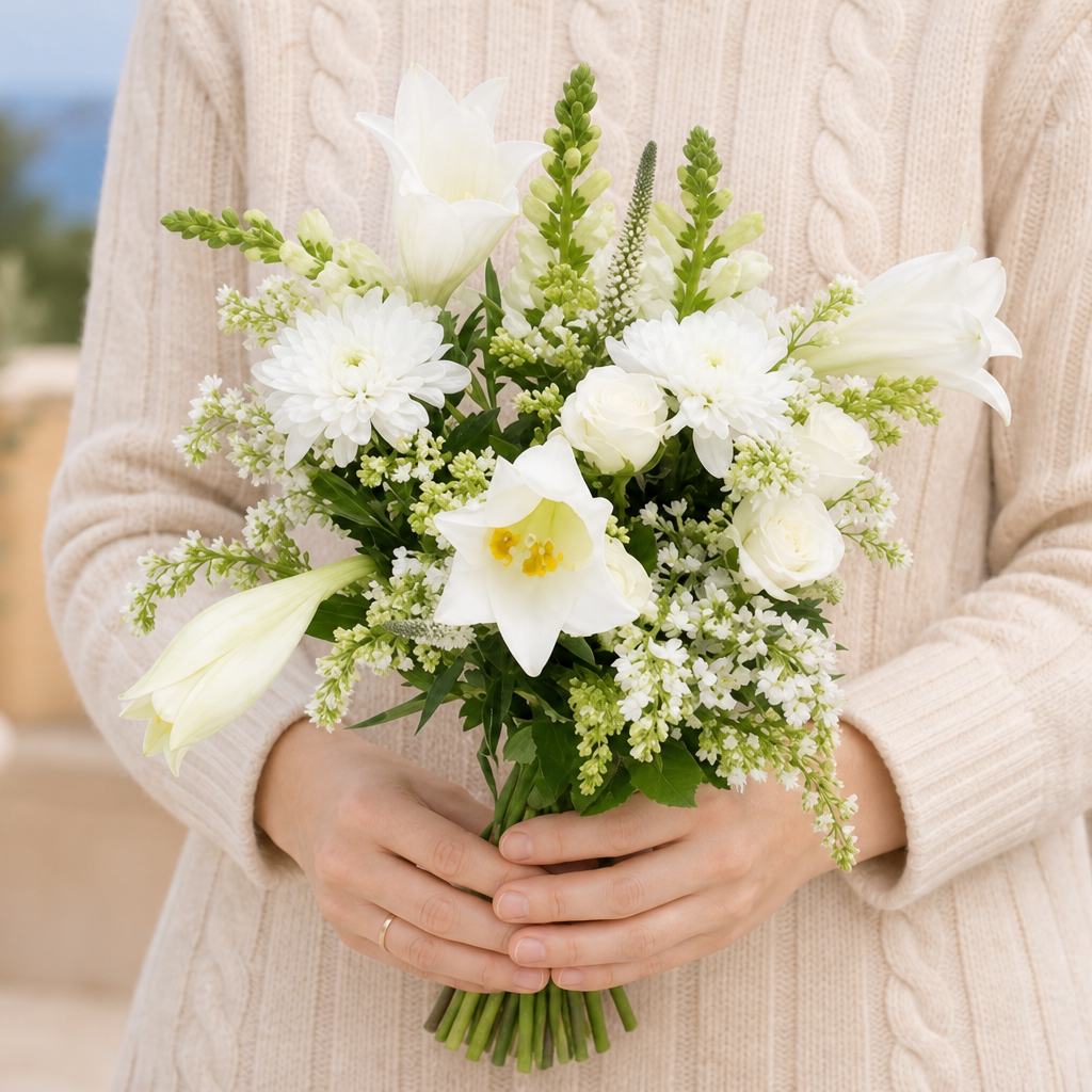 Person holding the CANDID bouquet outdoors, torso only without face