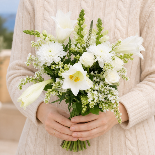 Person holding the CANDID bouquet outdoors, torso only without face