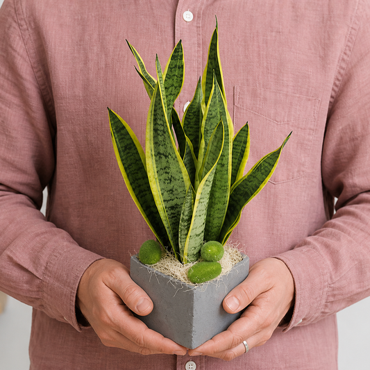 Person holding the CAPRICE potted plant outdoors, torso only without face