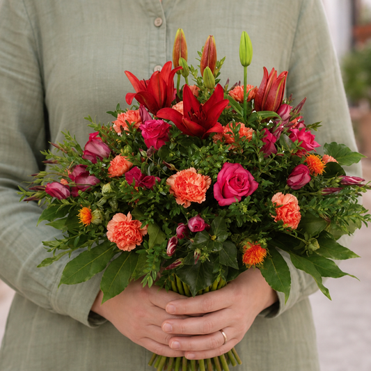 Person holding the CARNATION bouquet outdoors, torso only without face