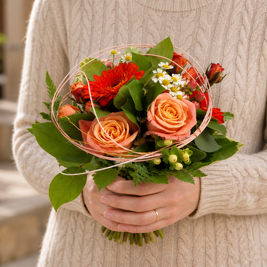 Person holding the CARROUSEL bouquet outdoors, torso only without face