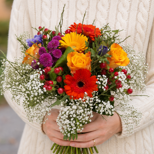 Person holding the CHARMING bouquet outdoors, torso only without face