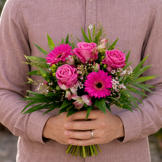 Person holding the CHIC bouquet outdoors, torso only without face