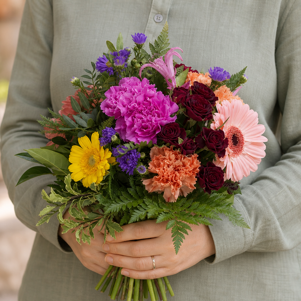 Person holding the CHOICE bouquet outdoors, torso only without face