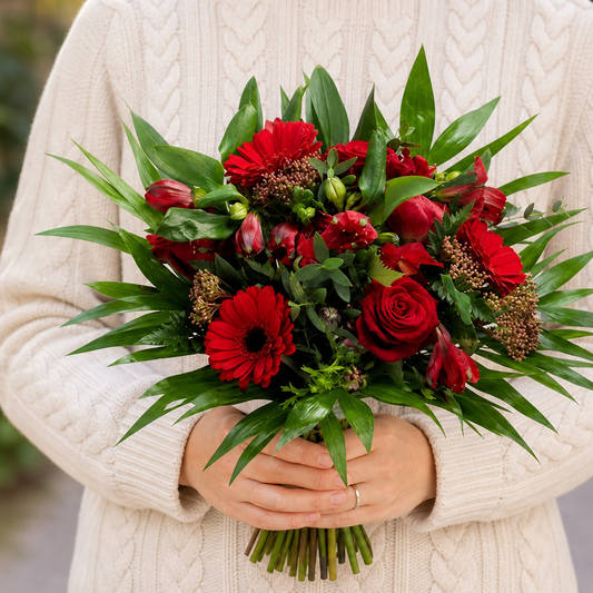 Person holding the DANCE bouquet outdoors, torso only without face