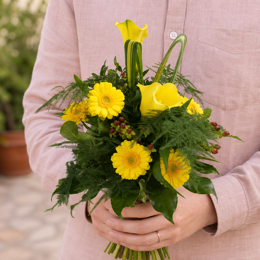 Person holding the DELICIOUS bouquet outdoors, torso only without face