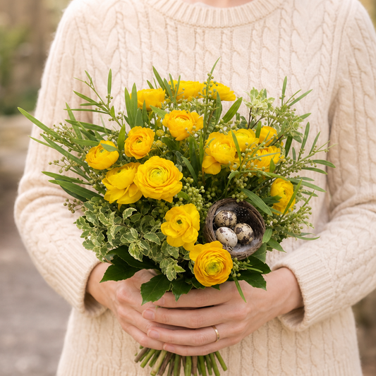 Person holding the DEVOTION bouquet outdoors, torso only without face