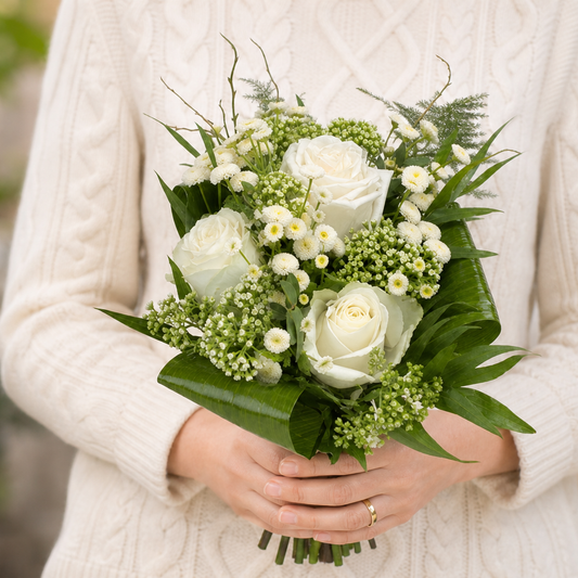Person holding the DIAMONDS bouquet outdoors, torso only without face