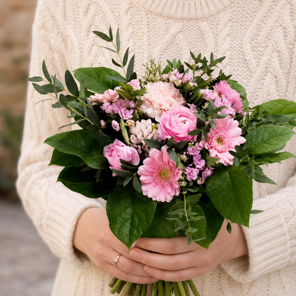 Person holding the ECSTASY bouquet outdoors, torso only without face