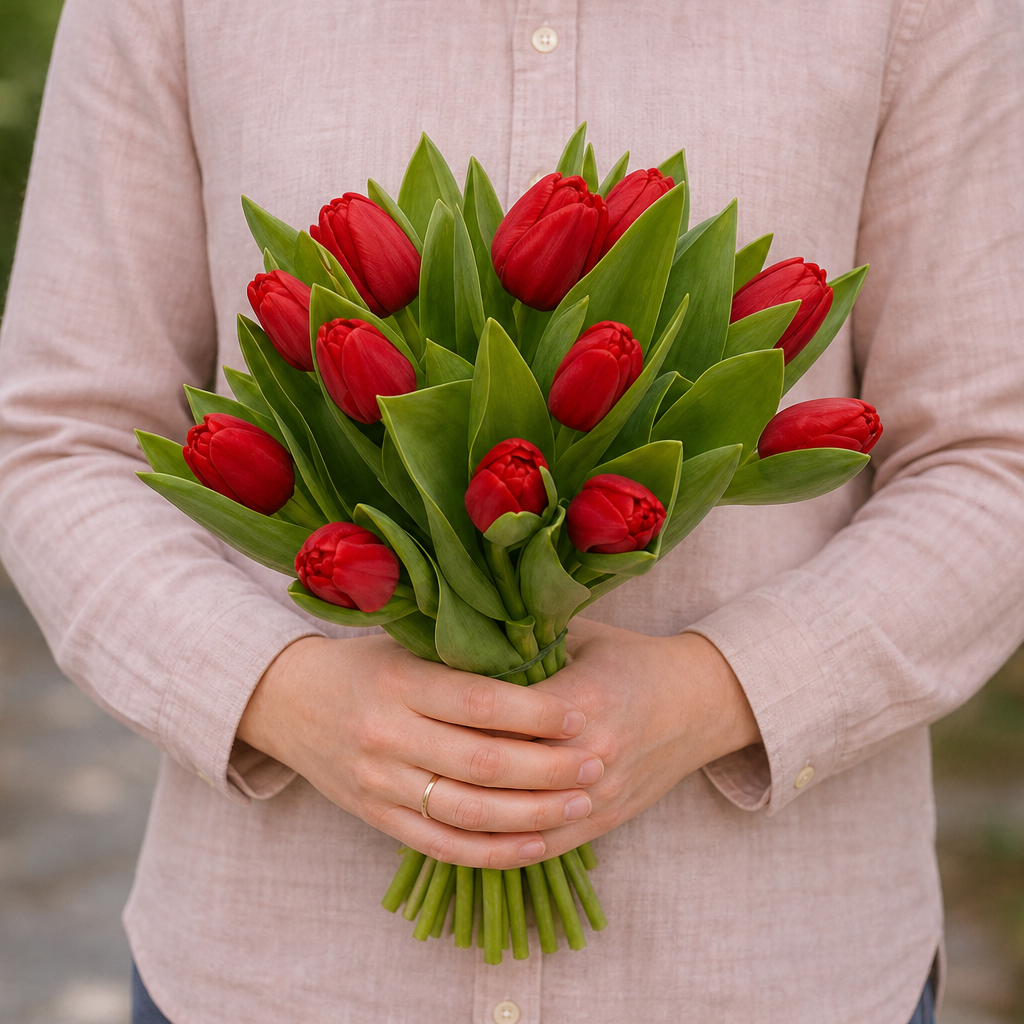Person holding the EMBRACE bouquet outdoors, torso only without face