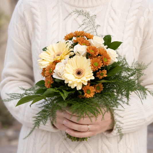 Person holding the EUPHORIA bouquet outdoors, torso only without face