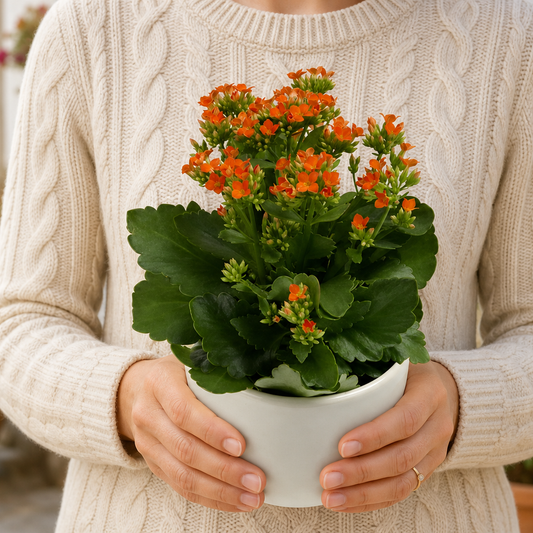 Person holding the EXQUISITE potted plant outdoors, torso only without face