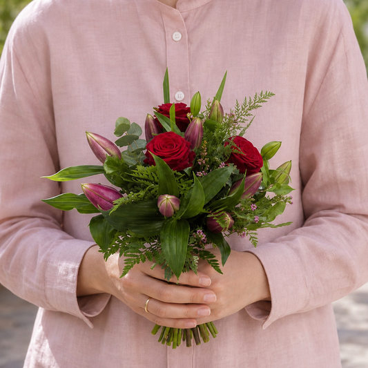 Person holding the FANTASY bouquet outdoors, torso only without face