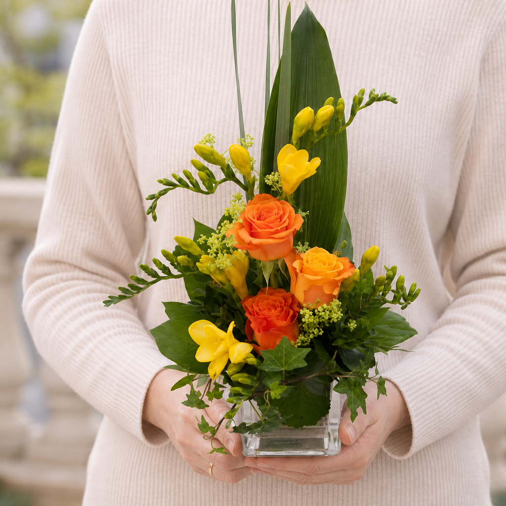Person holding the FESTIVE bouquet outdoors, torso only without face