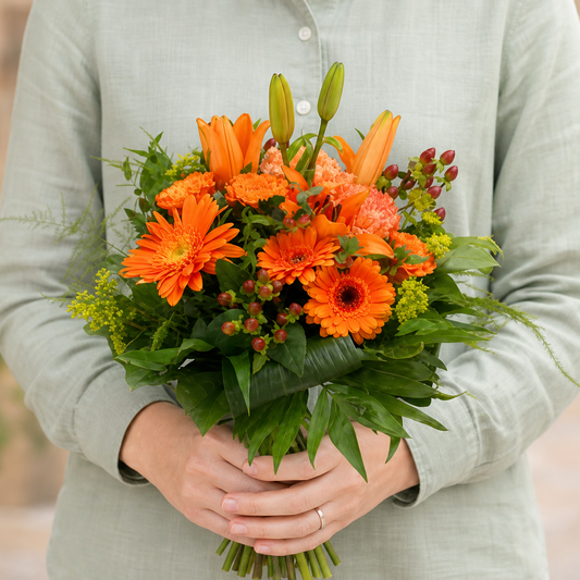 Person holding the FIRE bouquet outdoors, torso only without face