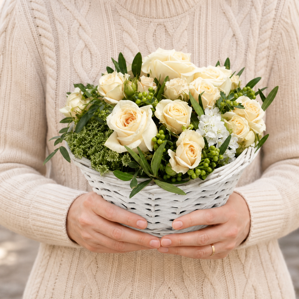 Person holding the FOR YOU bouquet outdoors, torso only without face